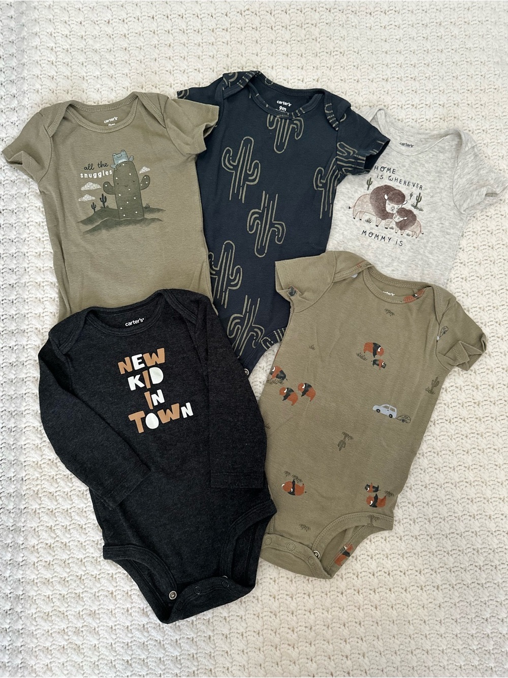 Carter's Baby 9 m Onesie Bundle (5) Olive Navy Country Western Long Short Sleeve